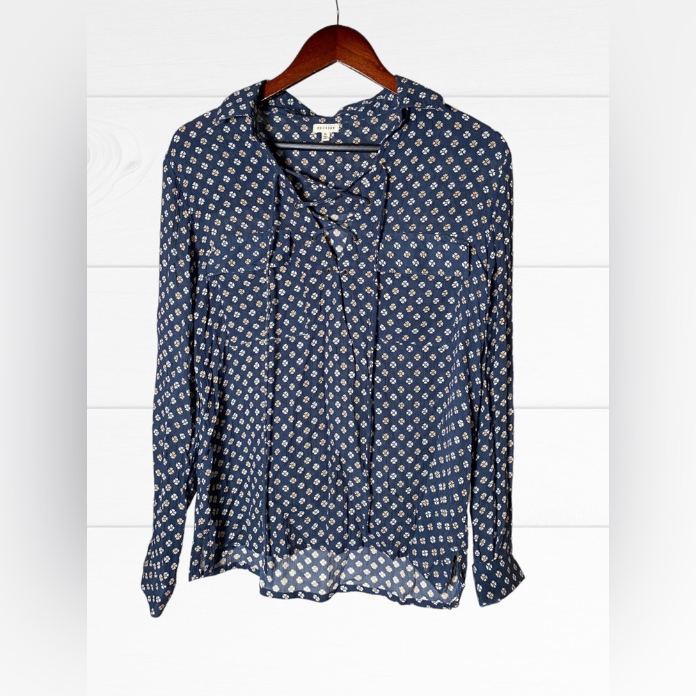 En Creme Navy Blue Floral Long Sleeve Boho Peasant Top Cross Front Women's M